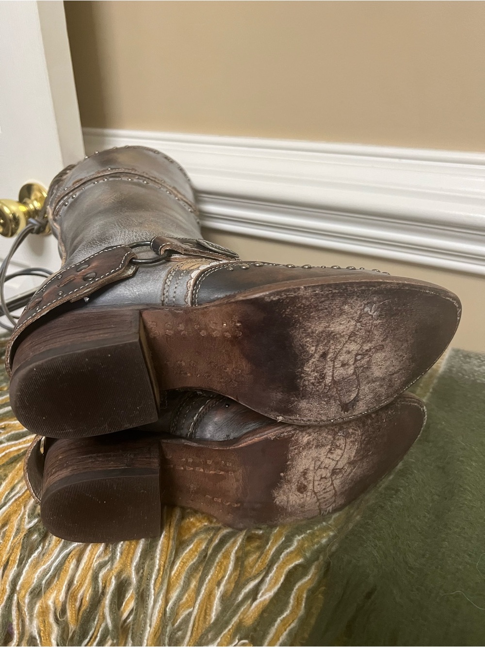 Freebird by Steven Gynger Ice Gray and Brown Studded Leather Heeled Boots - Picture 5 of 5